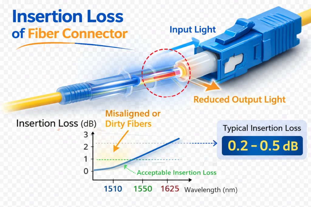 Insertion loss of fiber optic connector diagram showing signal loss