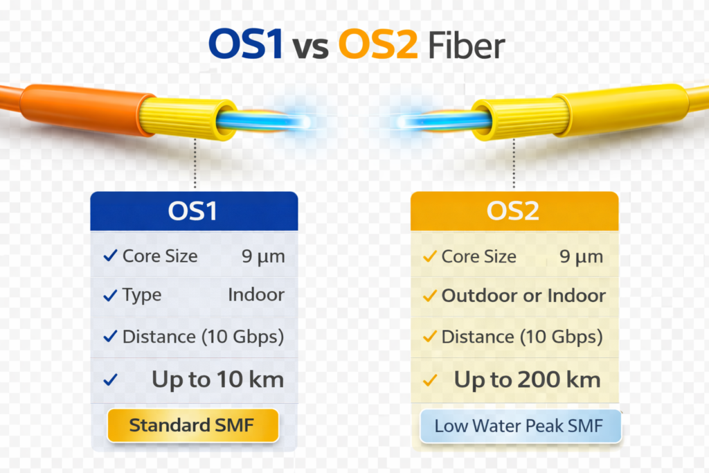 OS1 vs OS2 fiber optic cable comparison diagram
