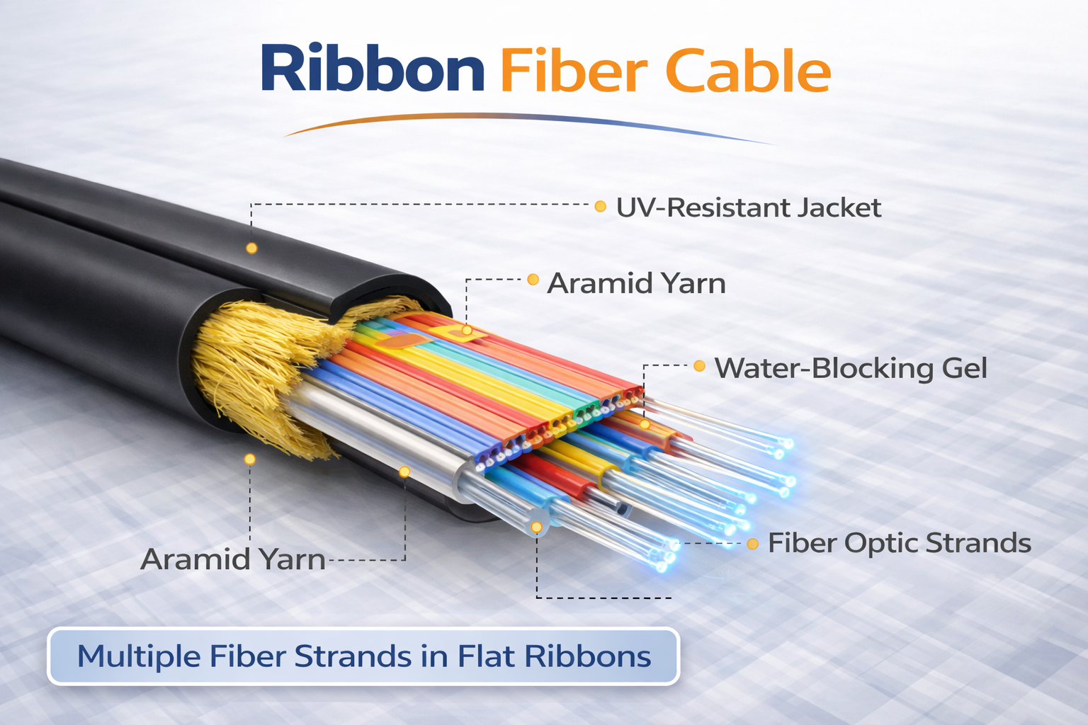 Ribbon fiber optic cable structure showing multiple fiber ribbons
